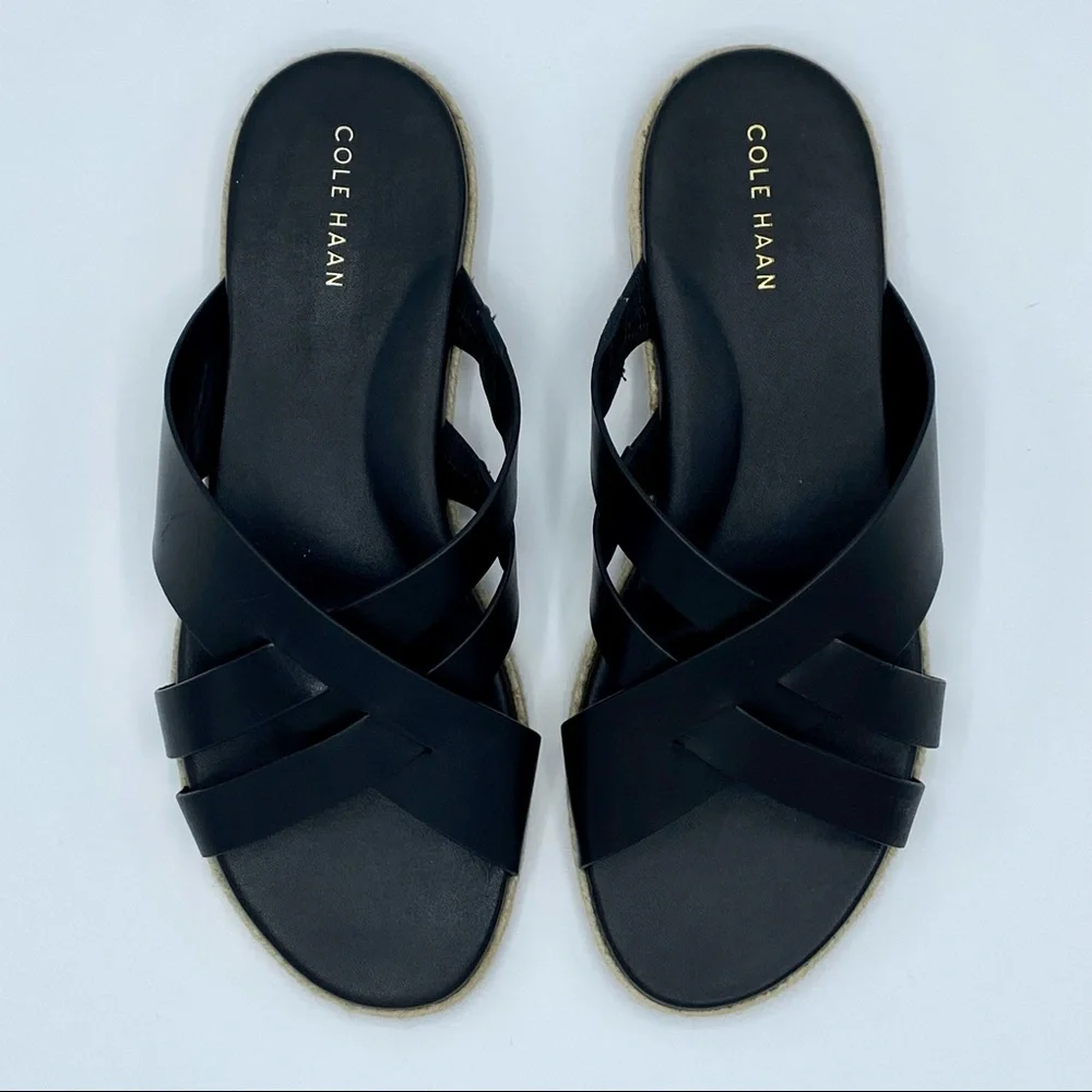 Cole Haan Black Leather Florens Espadrille Slide Sandal Size 7